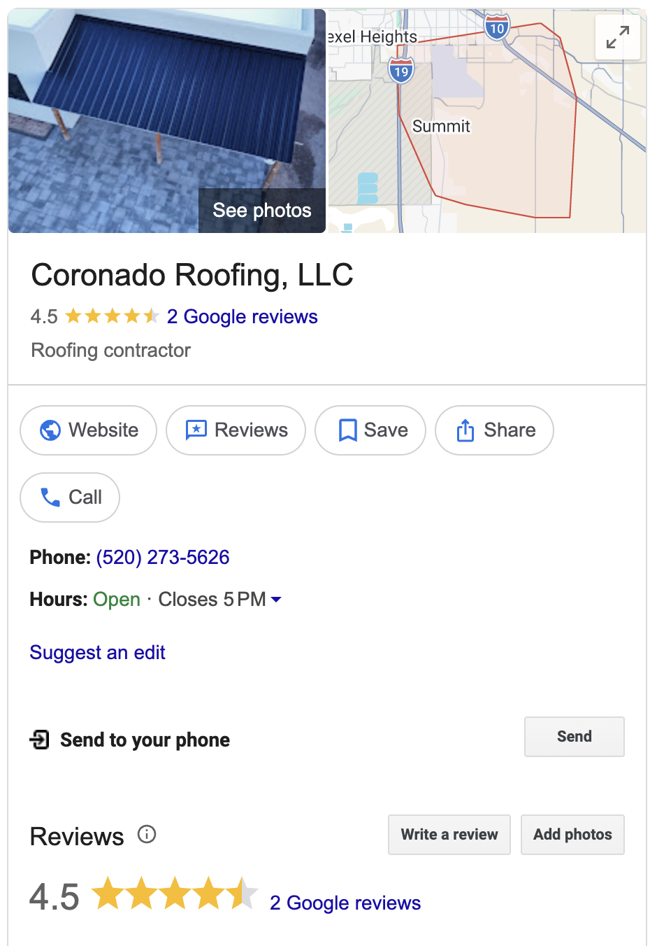 Coronado Roofing's Google Business Profile before the rebuild